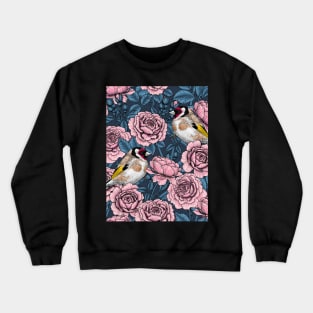 Pink Rose flowers and goldfinch birds Crewneck Sweatshirt